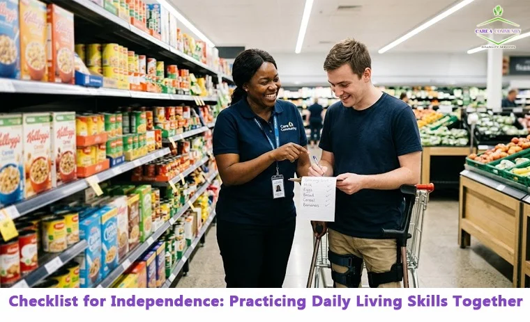 Care 4 Community support worker helping an NDIS participant build daily living skills in Melbourne