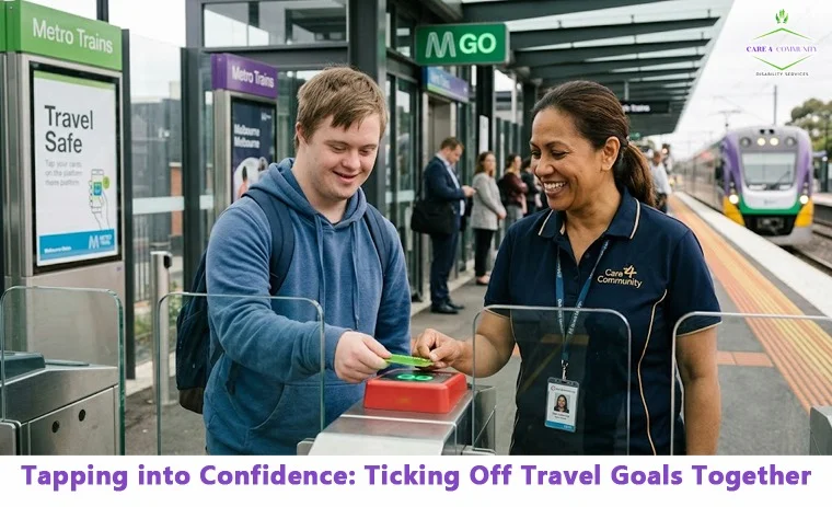 Care 4 Community support worker helping a participant build confidence during a community outing in Melbourne